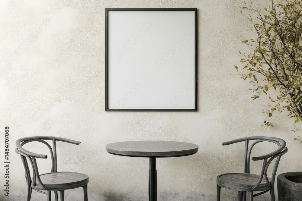 A serene outdoor caf? scene featuring empty tables and chairs under lush greenery. highlighting a blank canvas on the wall. ideal for showcasing art or advertisements A serene outdoor caf? scene featuring empty tables and chairs under lush greenery. highlighting a blank canvas on the wall. ideal for showcasing art or advertisements