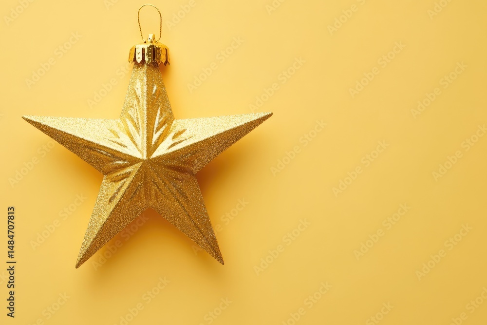 A shiny gold star ornament hanging on a delicate golden string against a soft. warm yellow background. perfect for festive decorations and holiday celebrations A shiny gold star ornament hanging on a delicate golden string against a soft. warm yellow background. perfect for festive decorations and holiday celebrations