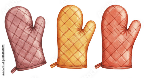 Colorful Oven Mitts Illustration in Watercolor Style for Baking and Cooking