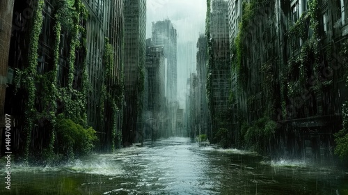 A flooded urban landscape during heavy rainfall. showcasing submerged buildings. overgrown vegetation. and a moody atmosphere with dark skies in the background