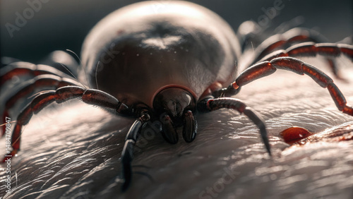 Close-up view of parasitic tick attached to human skin with visible blood droplets, concept of danger from insect bites and disease transmission risks.