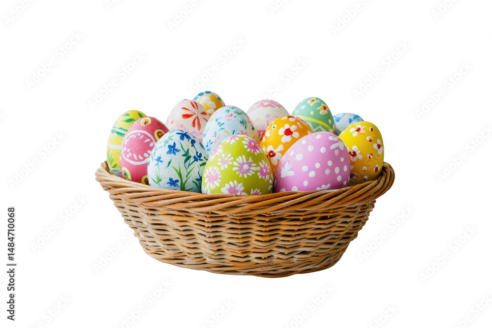 Fototapeta premium Decorated easter eggs in a wicker basket for holiday celebrations on transparent background