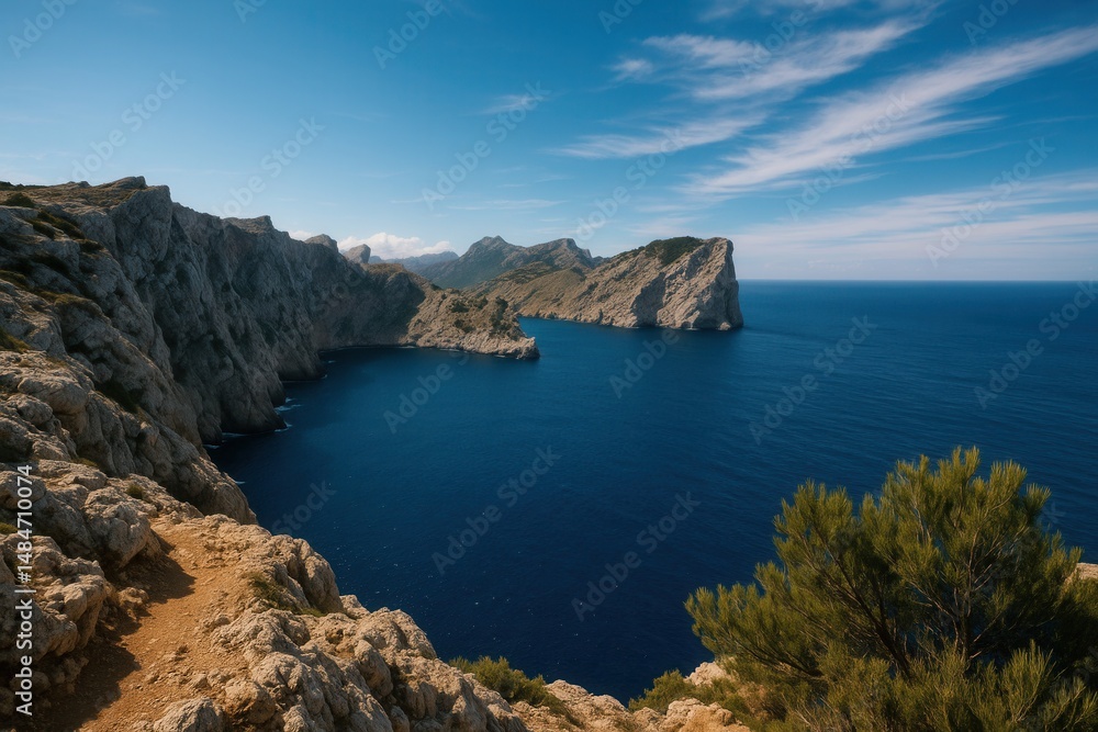 A scenic view of rugged coastal cliffs meeting the deep blue ocean, with green foliage and mountains in the distance A scenic view of rugged coastal cliffs meeting the deep blue ocean, with green foliage and mountains in the distance