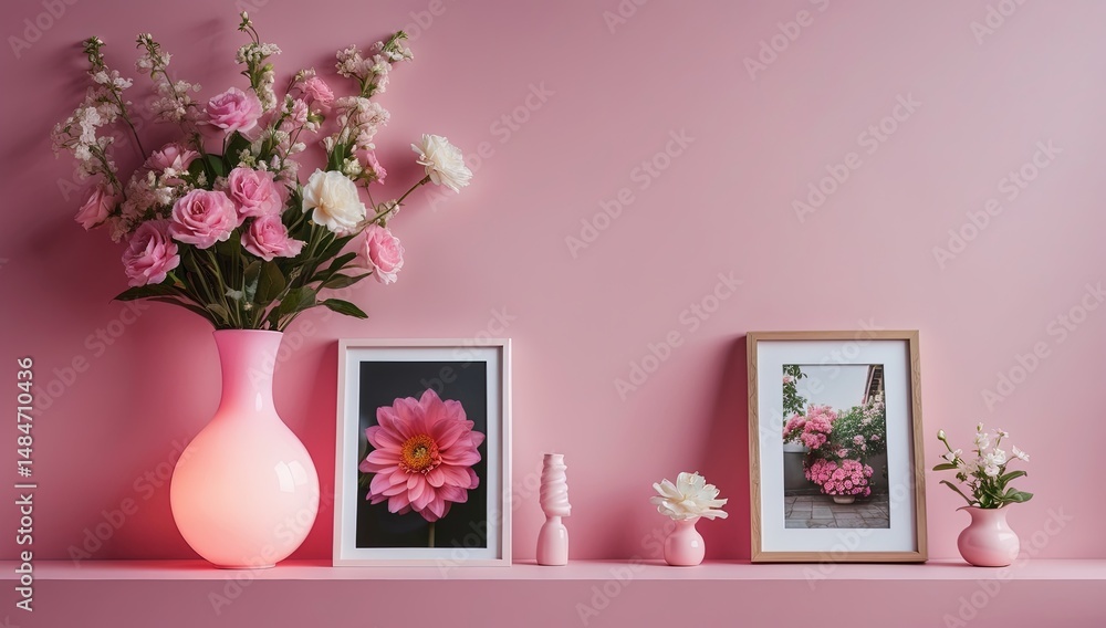 «A Decorative Composition with Flowers, Vases, and Ornamental Elements, Creating a Harmonious and Aesthetically Pleasing Interior Setting «A Decorative Composition with Flowers, Vases, and Ornamental Elements, Creating a Harmonious and Aesthetically Pleasing Interior Setting