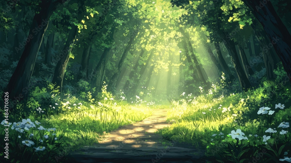 Obraz premium A serene forest path illuminated by sunlight. surrounded by lush greenery and vibrant flowers. inviting exploration and tranquility in a peaceful natural setting