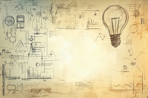 Vintage Workflow Sketches with Lightbulb on Sepia Background