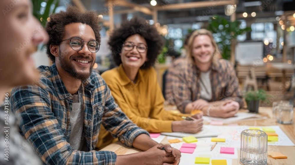 Obraz premium Diverse Group of Young Professionals Collaborating at a Table With Sticky Notes, Representing Teamwork and Creative Problem Solving in a Modern Workplace Environment : Generative AI