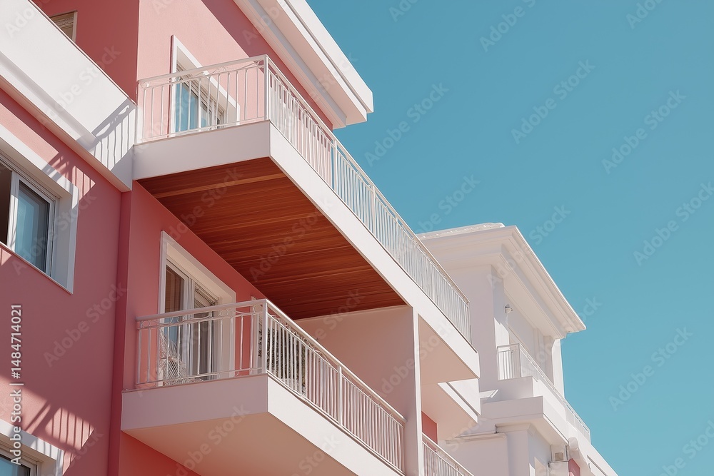 Fototapeta premium Modern pink and white apartment exterior with balconies under clear blue sky