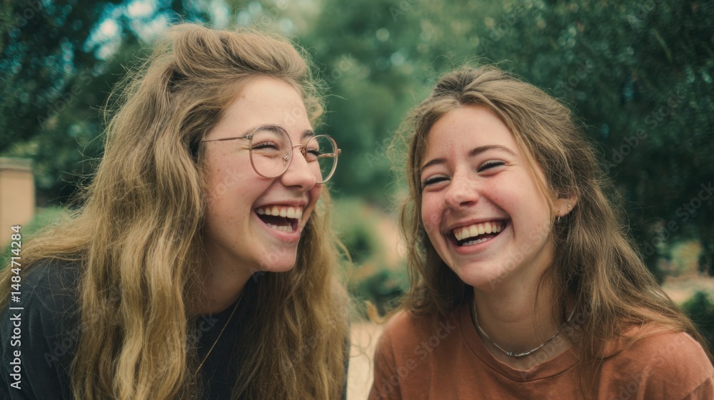 Obraz premium Two Young Women Laughing Outdoors Expressing Joy and Friendship Representing Youth Lifestyle and Emotional Wellbeing : Generative AI