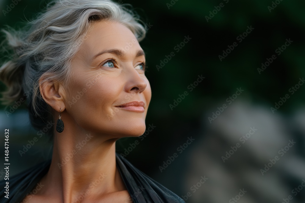 Naklejka premium Elegant caucasian mature female with gray hair in nature, contemplative expression