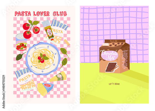 Collection of Cozy Food Illustration. Food Art. Retro Food Moments. Pasta Vector Art. Chocolate Milk Pack. Editable Vector Illustration.