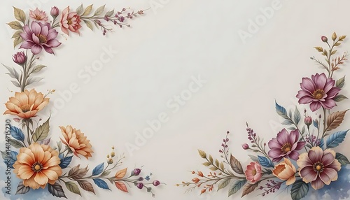 Floral Corner Border with Watercolor Style Flowers and Leaves for Design