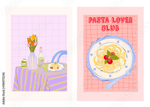 Collection of Cozy Food Illustration. Retro Food Moments. Pasta Vector Art. Editable Vector Illustration.