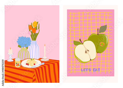 Collection of Cozy Food Illustration. Kitchen Essentials. Hand Drawn Food Illustration Set. Editable Vector Illustration.