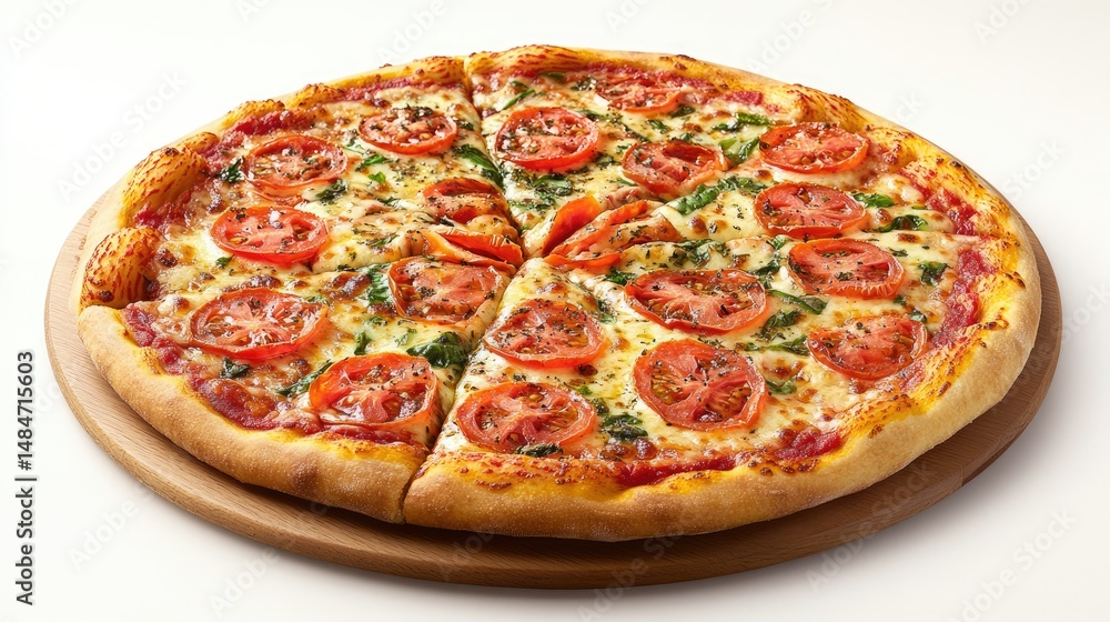 A freshly made pizza topped with sliced cherry tomatoes, A freshly made pizza topped with sliced cherry tomatoes,
