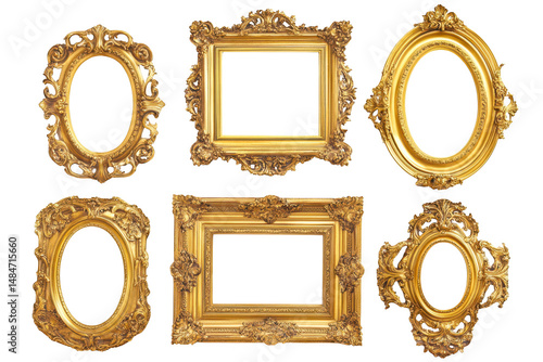 Collection of six ornate golden picture frames with empty space on transparent background
