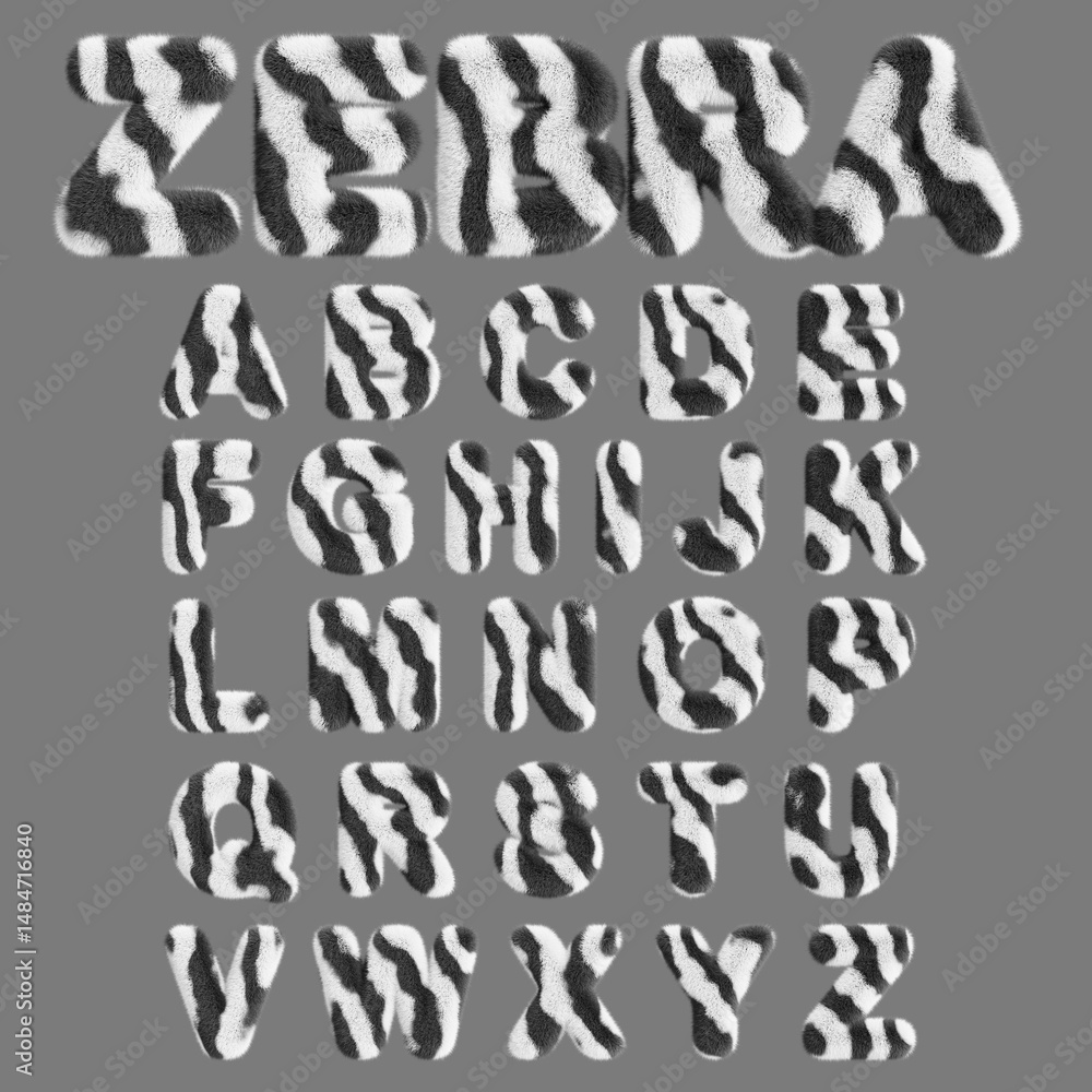 Naklejka premium Zebra alphabet, fluffy font letters with african wild animal skin print. English abc with fur striped pattern for kids. Safari type with white black hairy texture, isolated render set. 3D Illustration