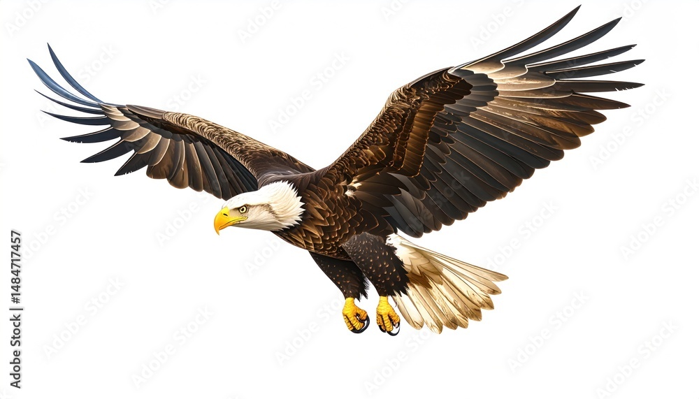 Obraz premium Bald eagle in graceful flight soars across the pristine white backdrop