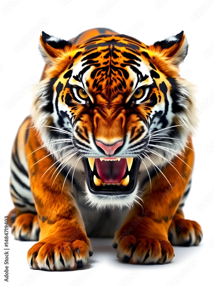 Fototapeta premium Aggressive, baring fangs, tiger isolated on a white background