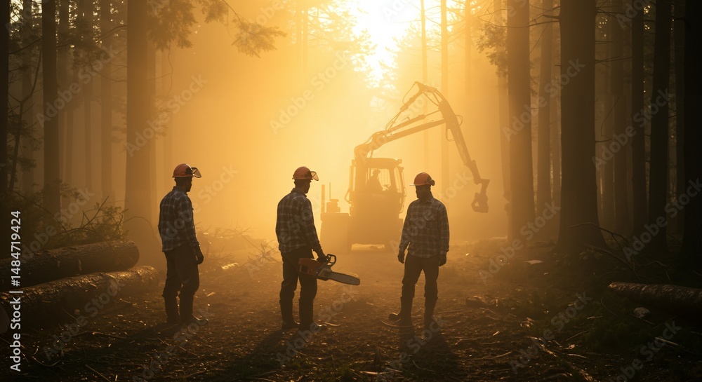 Fototapeta premium Three male lumberjacks in plaid shirts and hard hats stand in a misty, sunlit forest with a chainsaw and logging machinery during early morning operations.
