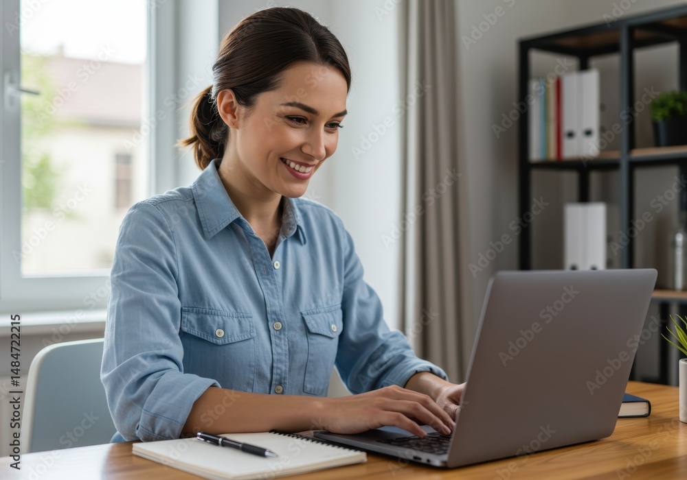 Smiling woman working on a laptop at her desk in a bright home office environment Smiling woman working on a laptop at her desk in a bright home office environment