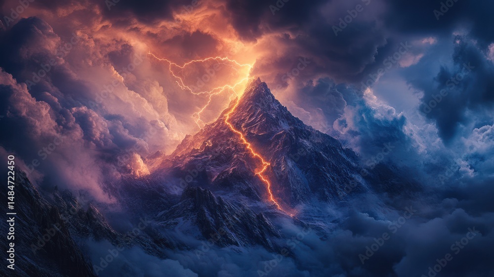 Fototapeta premium Fiery Lightning Strikes Majestic Mountain Peak Amidst a Dramatic Storm