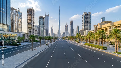 Clear Dubai highway leads towards futuristic skyline and distant Burj Khalifa monument under blue sky