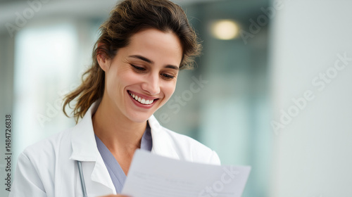 Smiling doctor in lab coat examines medical document. Healthcare professional reviewing patient paperwork. Warm, happy expression in a clinic setting. Free Download Smiling doctor in lab coat examines medical document. Healthcare professional reviewing patient paperwork. Warm, happy expression in a clinic setting. - GFXLoad