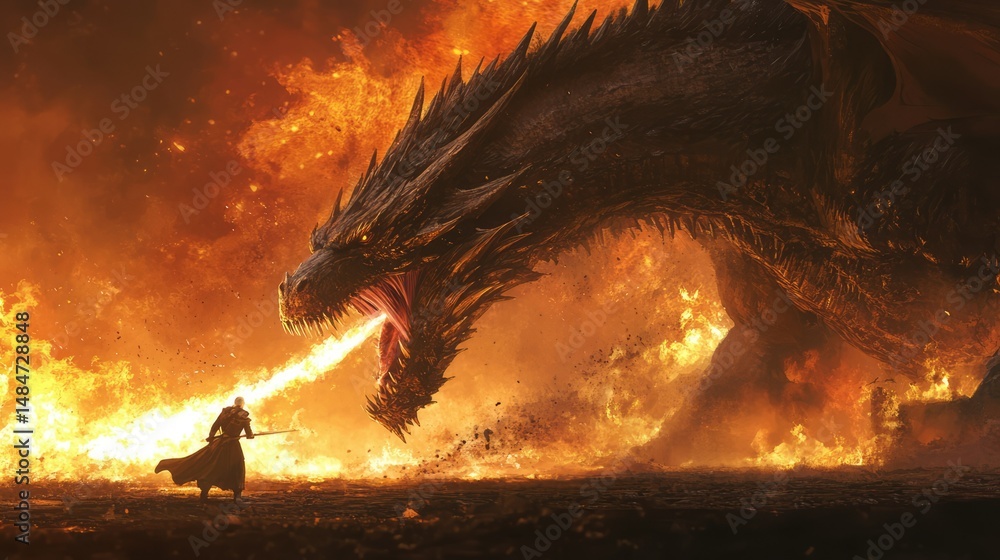 Obraz premium A majestic dragon unleashes fiery breath against a figure in a scorched landscape