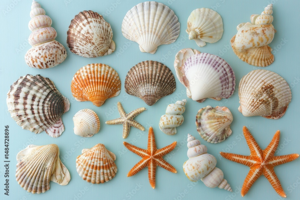 Seashells and starfish are artistically arranged on a light blue background, highlighting textures and colors of marine life. This display creates a tranquil coastal atmosphere Seashells and starfish are artistically arranged on a light blue background, highlighting textures and colors of marine life. This display creates a tranquil coastal atmosphere