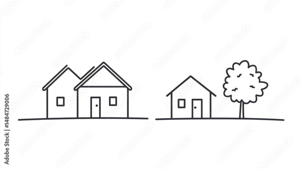 Fototapeta premium Simple line art houses and tree, rural landscape, illustration, background, graphic design, vector, drawing, minimalistic
