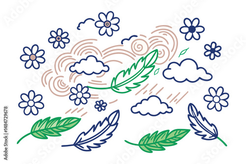 Cloudy petals drifting diagonally like floating feathers