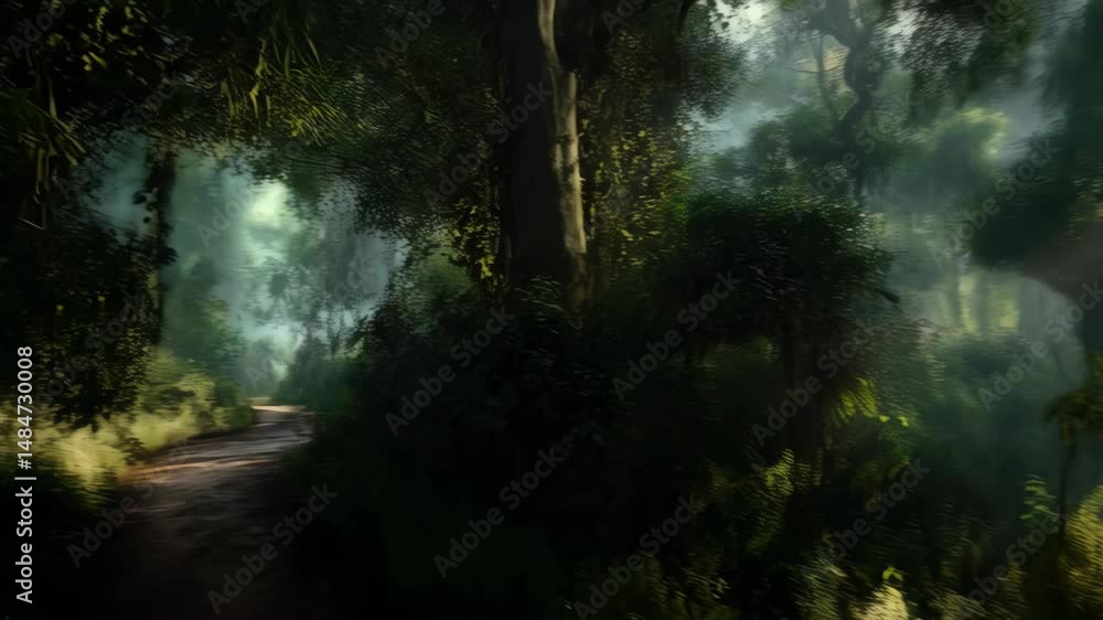 Sunlight pierces misty green forest, highlighting lush foliage along path, creating a scenic and atmospheric environment with rich vegetation and mystical sun rays. Sunlight pierces misty green forest, highlighting lush foliage along path, creating a scenic and atmospheric environment with rich vegetation and mystical sun rays.