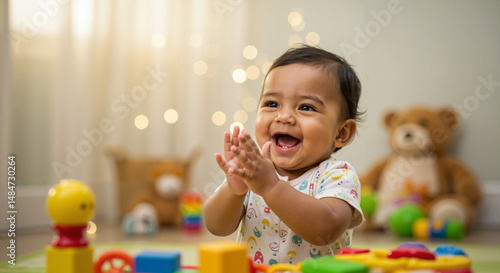 Happy baby clapping hands while playing with colorful toys indoors, copy space  