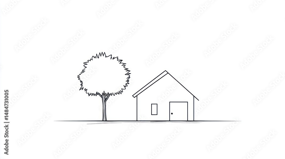 Fototapeta premium Simple Line Drawing of House and Tree (1)