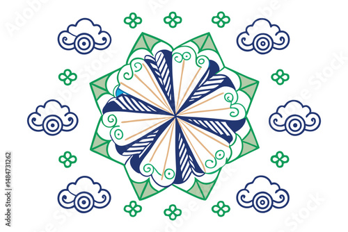 Stylized origami-inspired flower folds softened with cloud curves