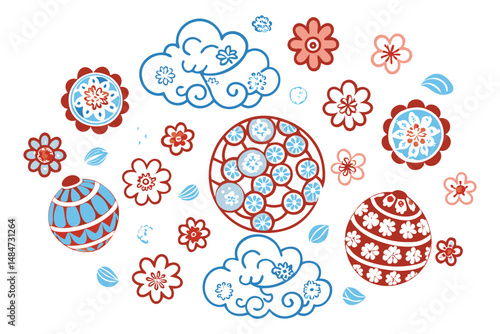 Spherical floral designs with cloud-like textures floating independently