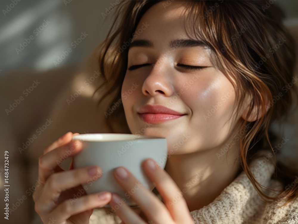 Woman Enjoying a Cup of Tea in the Morning Sun Woman Enjoying a Cup of Tea in the Morning Sun