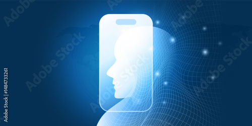 Blue and white futuristic concept of use AI on mobile devices. A human face silhouette emerges from a smartphone, symbolizing facial recognition techniques and artificial intelligence appliances.
