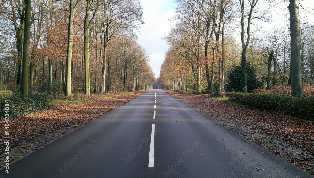 Fototapeta premium Sunlit autumn road flanked by leaf-strewn trees