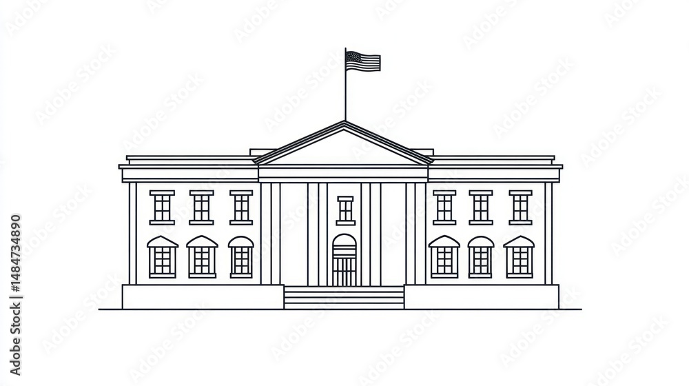 Fototapeta premium White House Outline, American Landmark, Front View, Background Empty