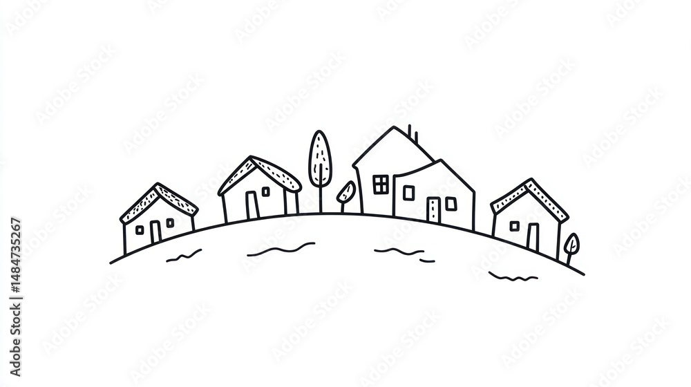 Fototapeta premium Simple doodle sketch of houses on a hill. Peaceful village scene. Stock photo for children's book or educational material