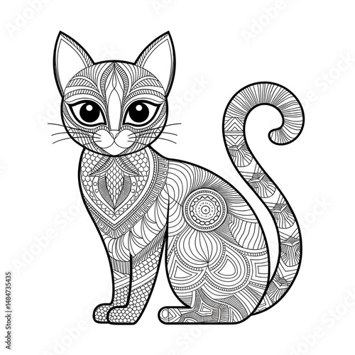 ‎A black and white mandala cat line art of a coloring page