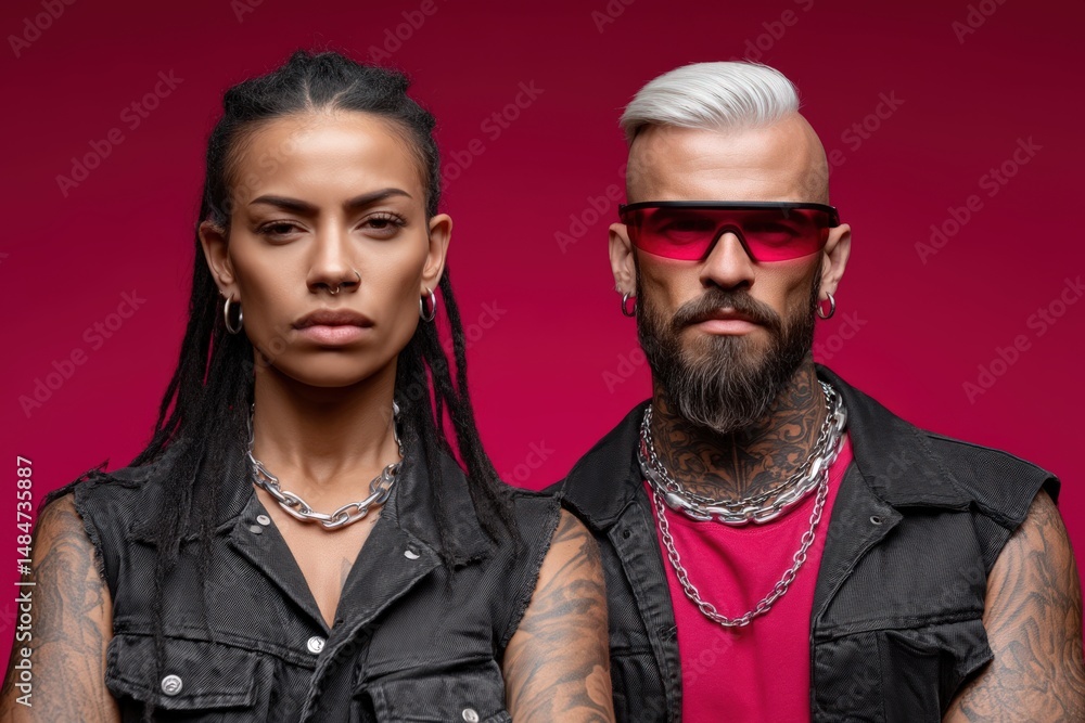 Obraz premium Confident modern couple showcasing edgy fashion with striking tattoos and bold hairstyles against a vibrant pink backdrop emphasizing individuality and contemporary style