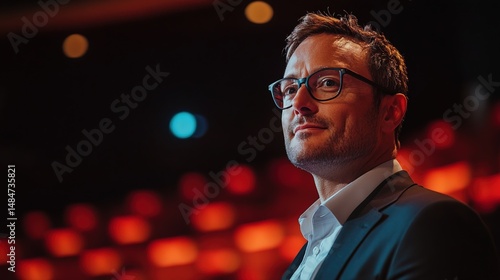 A TEDx speaker passionately discussing the future of innovation 