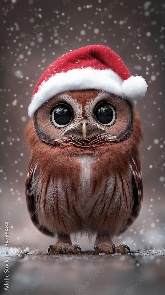 Festive owl in a Santa hat stands in the snow, its large eyes shining with holiday cheer. A winter wonderland of cuteness and magic. Festive owl in a Santa hat stands in the snow, its large eyes shining with holiday cheer. A winter wonderland of cuteness and magic.