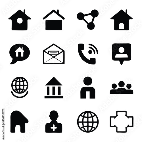 Flat Graphic Icon Set – Monochrome Digital Illustration of Communication, Location, and Symbolic Shapes Like Globe, House, Person Silhouette, Map, and Minimal Design Elements