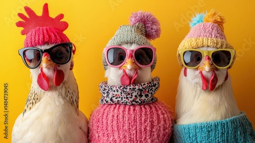 Cute chickens in winter fashion