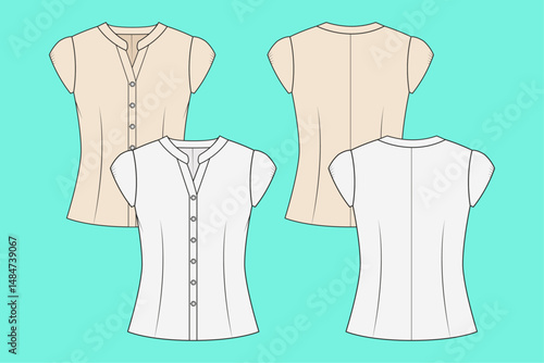 Ladies puff sleeve tops t-shirt colour way set fashion flat sketch template outline CAD mockup.