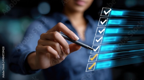 A person checking off tasks on a digital checklist with a pen.